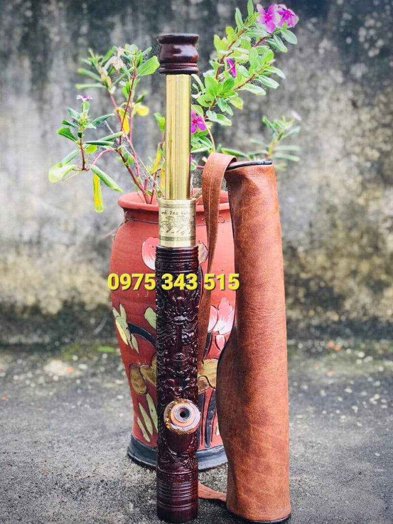 Điếu Mini : Gỗ Mun Rút Khắc Chìm Bọc Đồng 45cm Kéo Dài 65cm ( Combo )